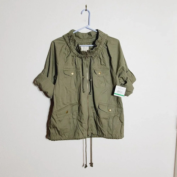 Relativity Womens Olive Green Drawstring Jacket Pockets roll tab sleeves Large - Picture 7 of 7